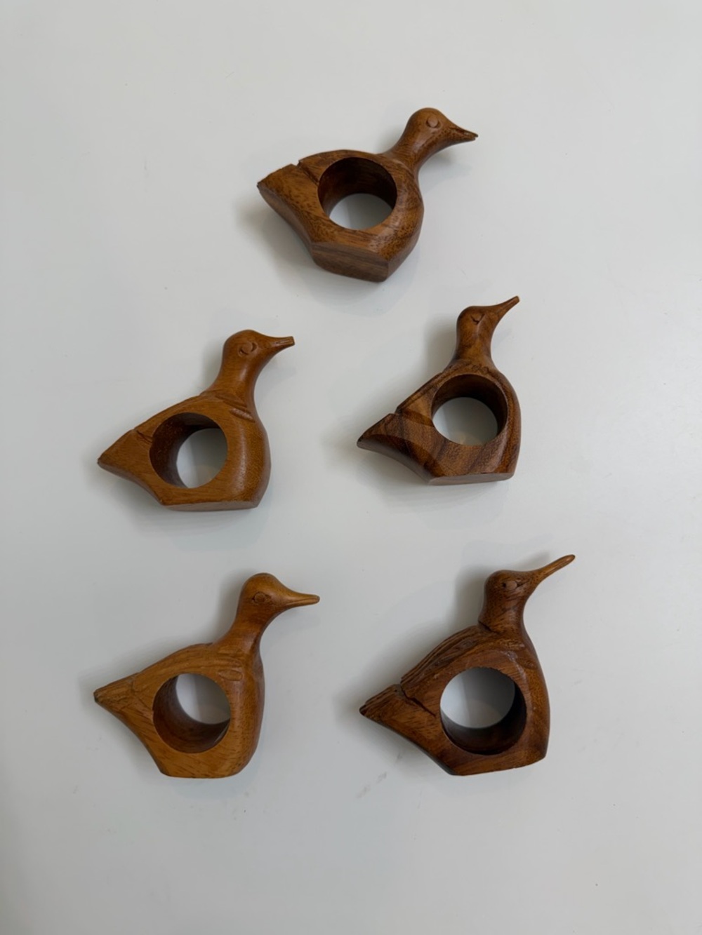Hand Carved Warm Brown Wooden Duck Napkin Rings - Set of 5